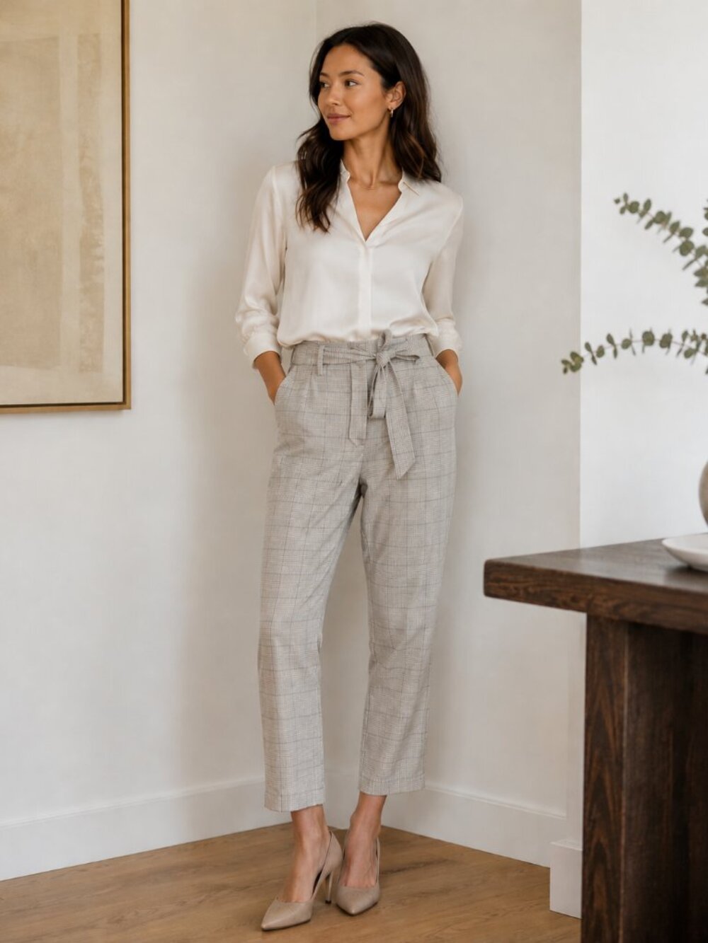 JOIE Plaid Tie Waist Straight Leg Pants High Rise Quiet Luxury Career Chic 2